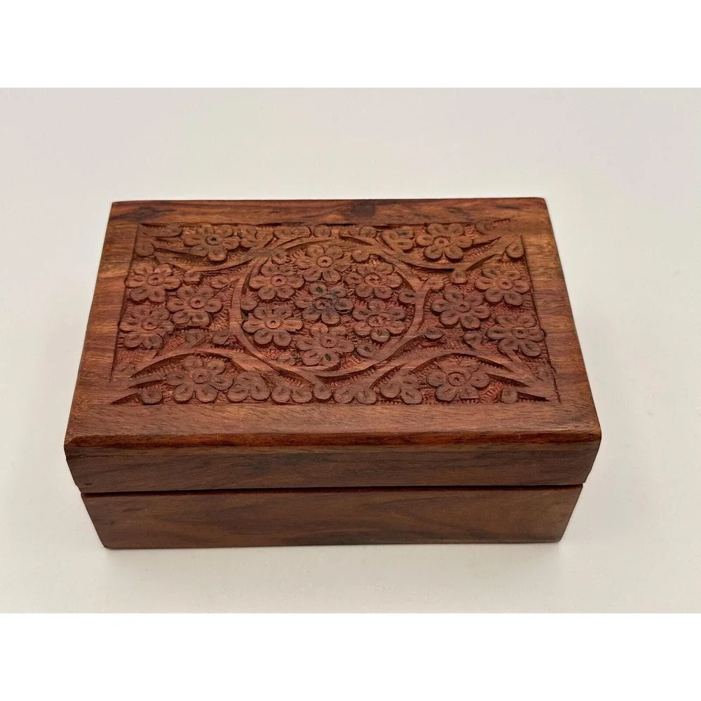 Vintage MCM Wooden Hand-Carved Hinged Lid Keepsake Box